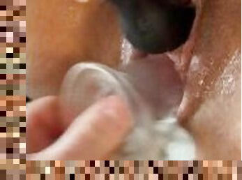 Wet Pussy Fucked with Clear Dildo & Clit Sucker