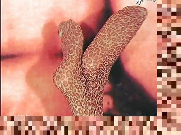 In her leopard print stockings she touches her pretty feet