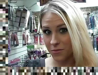 Backroom store fuck with a blonde amateur teen in shorts