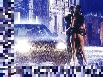 Sexy blond likes it big and suck it under rain