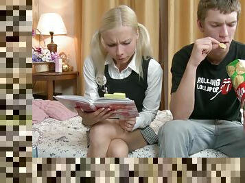 skinny blonde Ekaterina spreads her legs for her friend's hard penis