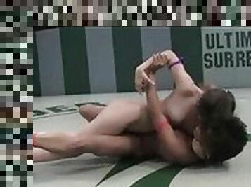 Interracial naked girl wrestling match