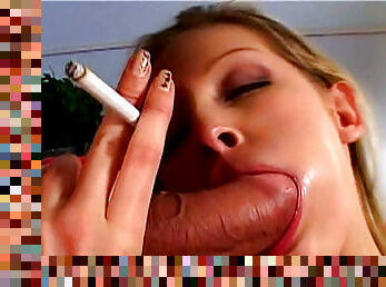 Hot blonde Liz Honey is smoking during blowjob