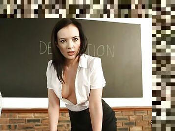 Strict teacher flashes her tits in detention