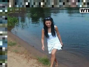 Bikini Girls in the River in Hot Summer Day