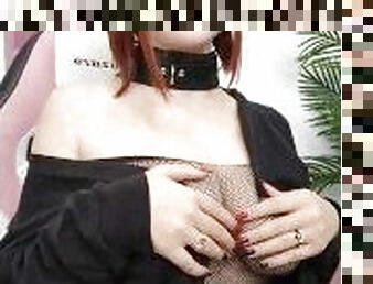 sweet redhead pussy in full body pantyhose jerks off and cums
