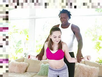 Interracial sex on the floor after a yoga session with After Opal
