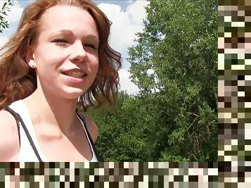 Cute redhead girl Rebeca takes money to be fucked in the woods