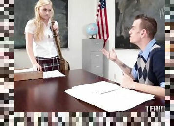 Horny teacher fucks a blonde teen for good grades