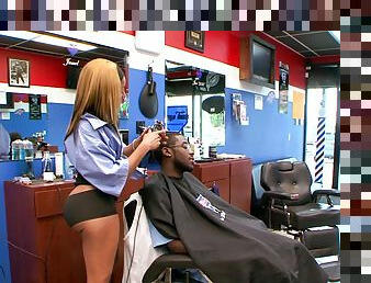 Toni Sweets gets her wet cunt fucked hard at a barber shop