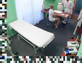 Naughty doctor bangs his hot blonde nurse on his office table