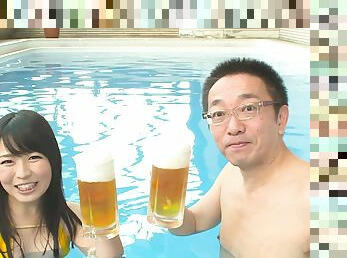 Vacationing Japanese couple fuck in the pool at the hotel