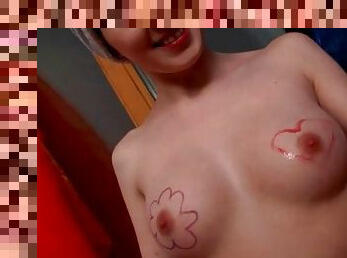 Teen draws on perky tits with her lip gloss
