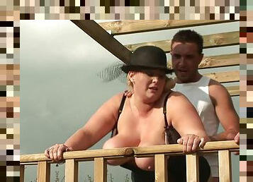 Chubby blonde slut in a hat getting double teamed well