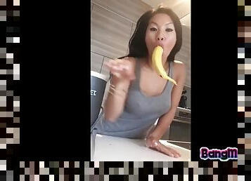 Asian milf camgirl having orgasm with horny banana camshow