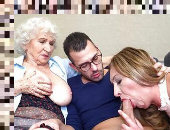 Busty granny and her daughter in special threesome treat