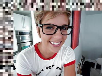 Mickey is a geeky chick with short hair ready for a huge boner