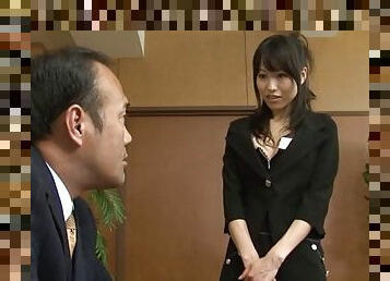 His new Japanese secretary has a very tight, hairy pussy