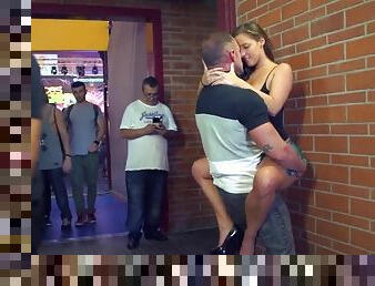 Tight pussy getting fucked in public while everyone watches