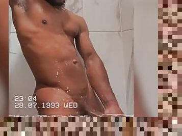 baignade, énorme, masturbation, amateur, ébène, énorme-bite, black, douche, solo, réalité