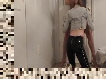 Shiny vinyl pants on girl that sucks and fucks