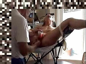 Tied amateur in chair has pussy toyed