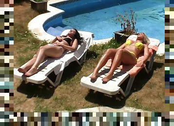 Tanning babes in bikinis go inside for a foursome fuck
