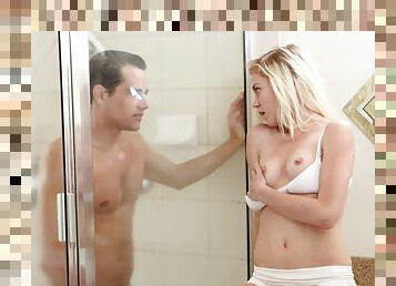 Hot blonde in panties gets fucked in the bathroom by her BF