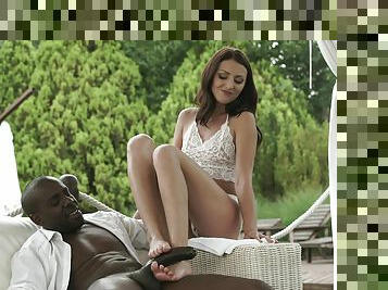 Brunette teen Katy Rose makes a big black cock cum with her feet