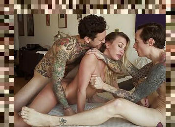 Aroused blonde plays dirty in a series of extreme threesome scenes