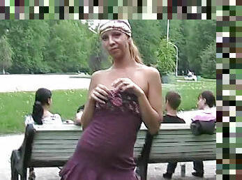 Dress upskrit and tits flash outdoors