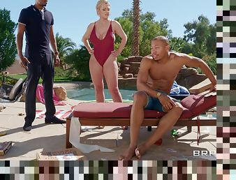 Busty blonde mature Dee Williams gets her pussy banged by the pool