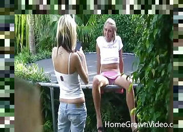 Dildo action by lovely lesbians near the pool outdoors