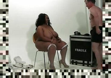 Black fatty sucks his hard white boner