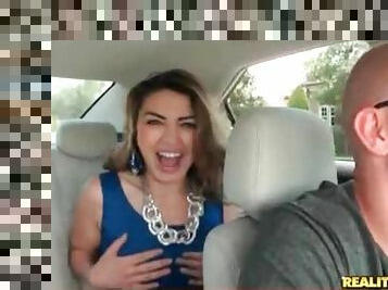 Slut shows hairy bush and pierced tits in car