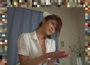 Japanese nurse milks some guy's cock dry on her hands