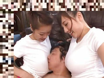 Big breasted Japanese babes give pleasure to two guys