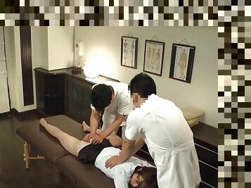 Men massage the Japanese girl and double team her body