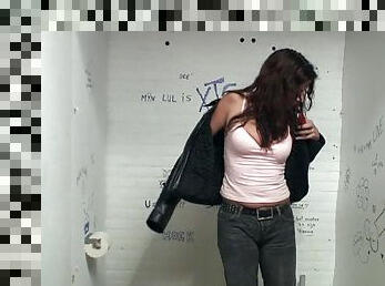 Quick trip to the public bathroom ends in a gloryhole blowjob