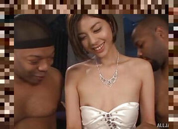 Two black guys go to work on a sweet, Asian amateur chick