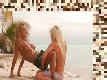 Two incredible blonde pornstars eat pussy on beach