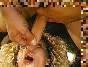 Curly blonde milf with giant natural tits in the bukkake gangbang action