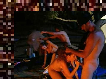 Camping gone wild by pounding slutty chicks in a foursome