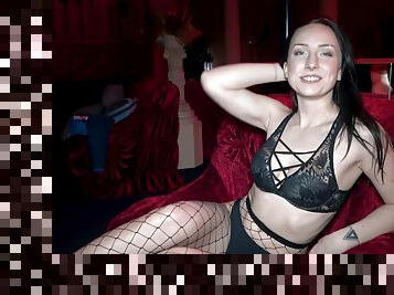 Natural tits stripper Bella Angel in fishnet rides her client