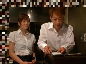 Lustful Japanese waitress gives a blowjob to her colleague