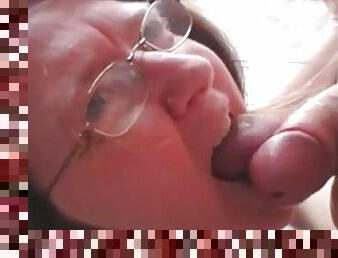 Four eyes granny suck dick and drink cum in front her hubby