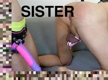 Stepsister spins the bottle to choose the dildo for Pegging her Chastity Slave after a ruined orgasm