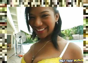 Ebony teen Emy Reyes smiles with cum in her mouth