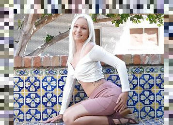 Platinum blonde amateur teen Victoria exposes her tits in public