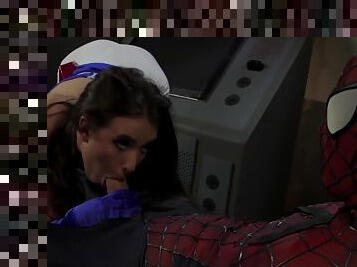 Slender brunette tries Spider man's endless dick in each of her holes